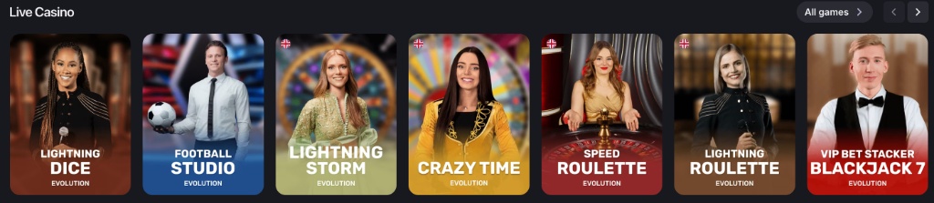 Mesas en vivo: Lightning Dice, Football Studio, Crazy Time, Speed Roulette y Blackjack